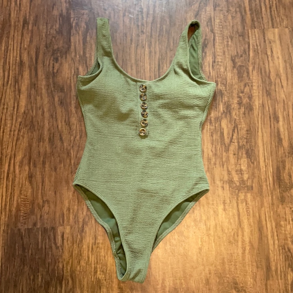 Olive Textured Button Front One Piece Swimsuit